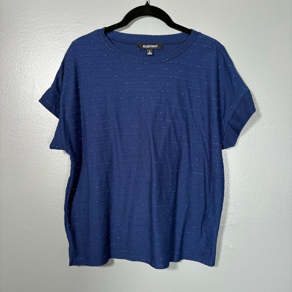 Ellen Tracy Women's Blue Metallic Stripe Boxy Top - Size Large - Minimalist Glam